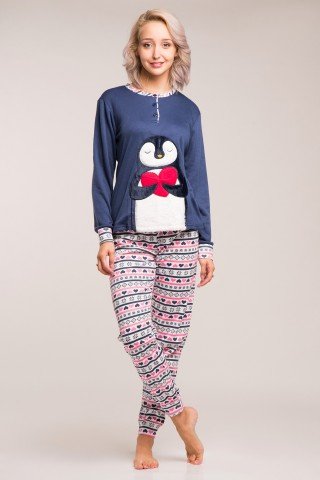 Pijama flausata bleumarin cu aplicatie Pinguin pufos si pantaloni multicolori