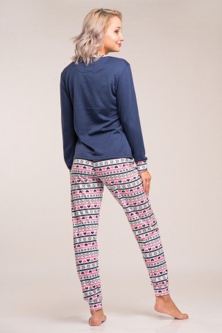 Pijama flausata bleumarin cu aplicatie Pinguin pufos si pantaloni multicolori
