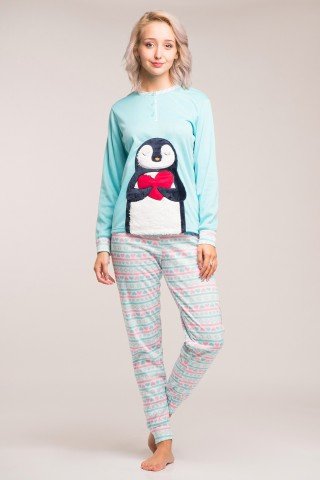 Pijama flausata bleu cu pantaloni multicolori Pinguin Indragostit