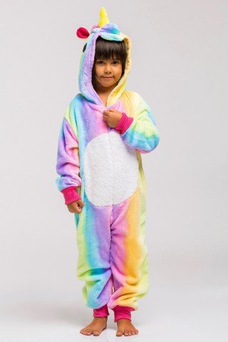 Pijama pufoasa kigurumi Unicorn Curcubeu