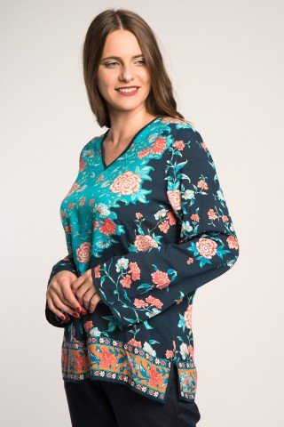 Bluza bleumarin cu imprimeu floral multicolor si anchior