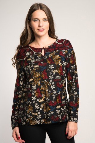 Bluza casual neagra cu imprimeu floral multicolor