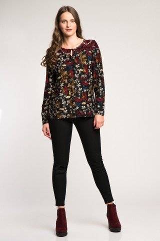 Bluza casual neagra cu imprimeu floral multicolor