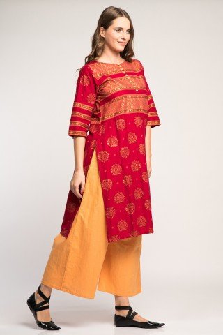 Costum traditional indian cu pantaloni portocalii si broderie aurie