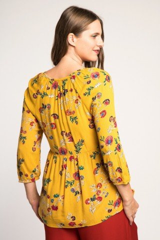 Bluza vaporoasa galbena cu imprimeu floral multicolor