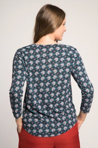 Bluza bleumarin cu imprimeu floral si decolteu cu pliuri