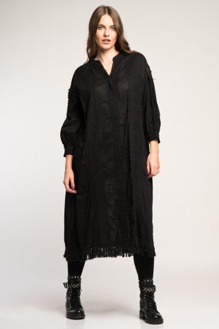 Caftan negru cu broderie, franjuri si pliuri