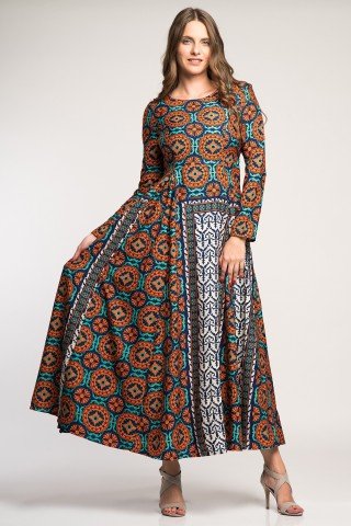 Rochie eleganta lunga cu impimeu etnic multicolor