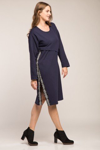 Rochie bleumarin cu slit cu panglica neagra imprimata