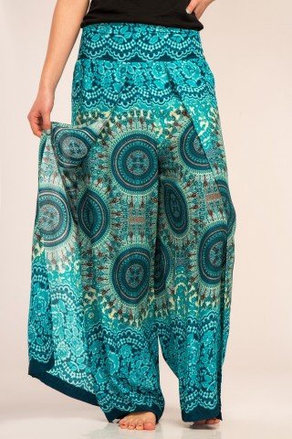 Pantaloni turcoaz petrecuti cu imprimeu mandala multi