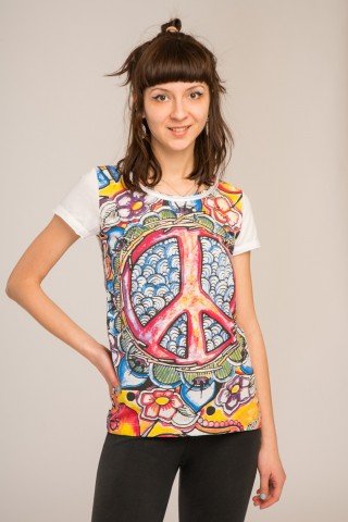 Tricou alb Peace Sign cu imprimeu in oglinda