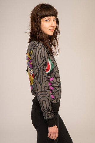 Jacheta bomber negru-gri cu imprimeu multicolor