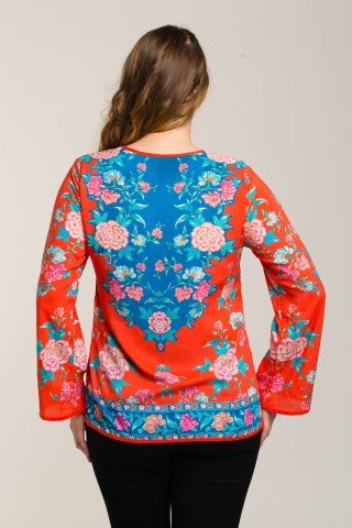 Bluza rosu-corai cu imprimeu floral din vascoza
