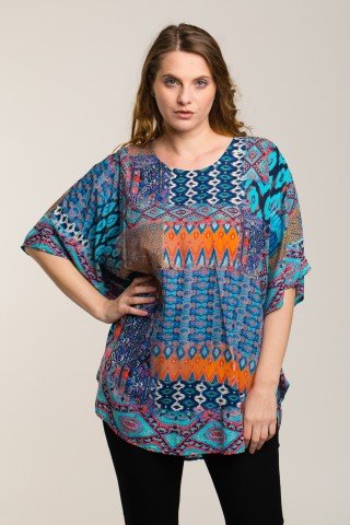 Bluza stil poncho cu imprimeu geometric colorat
