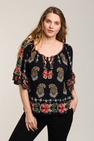 Bluza neagra cu imprimeu floral coada de paun