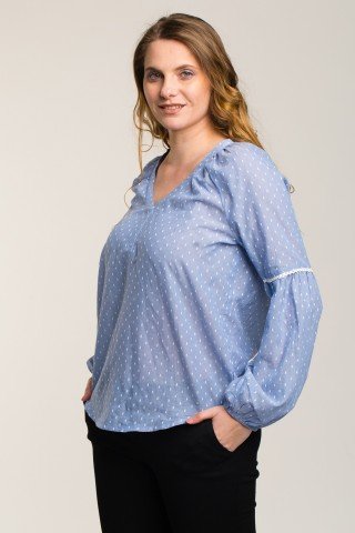 Bluza bumbac  bleu cu broderie si maneci bufante