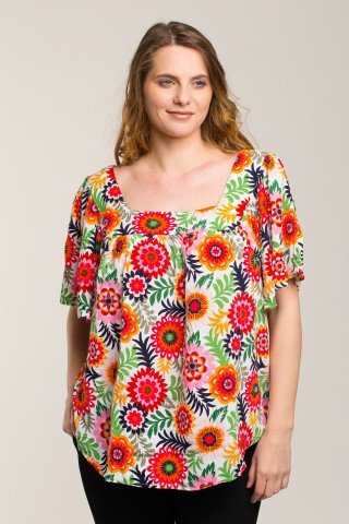 Bluza cu imprimeu floral multicolor si maneci scurte