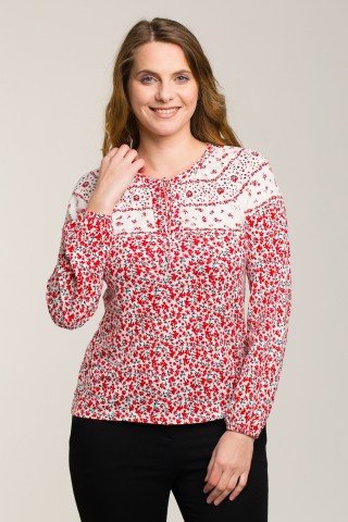 Bluza alba cu imprimeu floral retro rosu