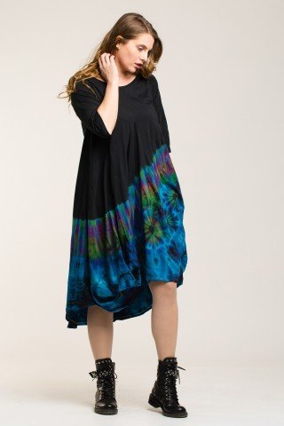 Rochie asimetrica balon neagra cu imprimeu tie-dye albastru