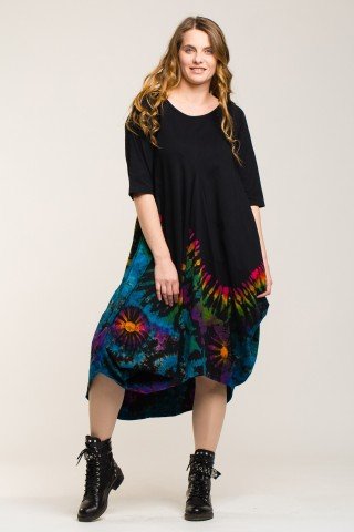 Rochie balon neagra midi cu imprimeu tie-dye curcubeu multicolor