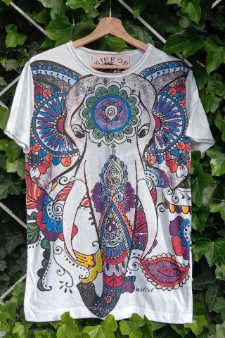 Tricou alb din bumbac cu elefant multicolor Mirror