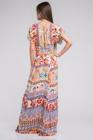 Rochie lunga boho cu imprimeu multicolor si cordon