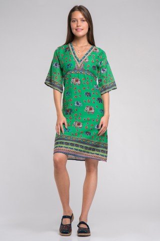 Rochie verde cu elefanti multicolori si ciucuri