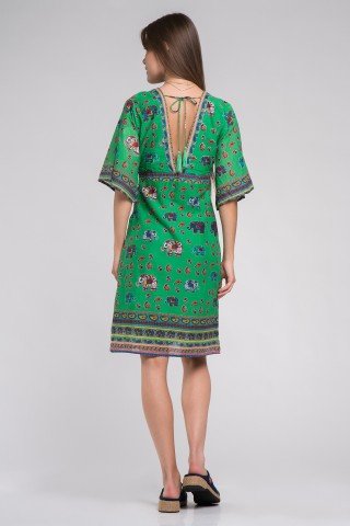 Rochie verde cu elefanti multicolori si ciucuri