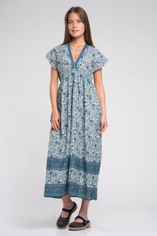 Rochie lunga cu imprimeu floral si elastic in talie