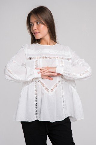 Bluza alba bumbac cu dantela si maneci bufante