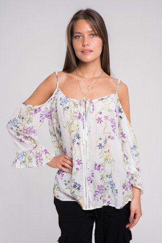 Bluza cu imprimeu floral si umeri decupati