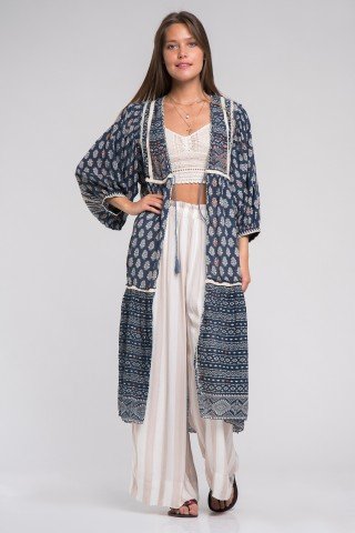 Kimono boho cu maneci bufante si volan