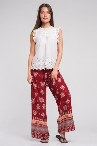 Pantaloni boho grena cu imprimeu floral