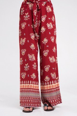 Pantaloni boho grena cu imprimeu floral