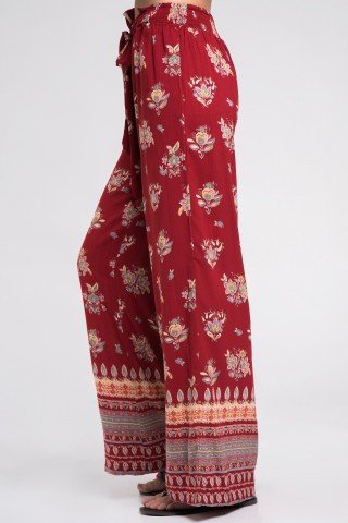 Pantaloni boho grena cu imprimeu floral
