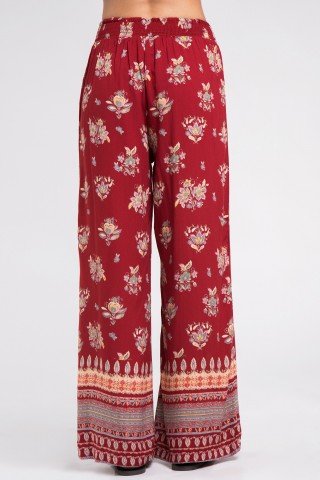 Pantaloni boho grena cu imprimeu floral