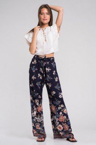 Pantaloni boho bleumarin cu imprimeu floral