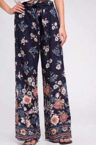 Pantaloni boho bleumarin cu imprimeu floral
