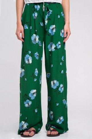 Pantaloni boho verzi cu flori si cordon