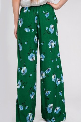 Pantaloni boho verzi cu flori si cordon