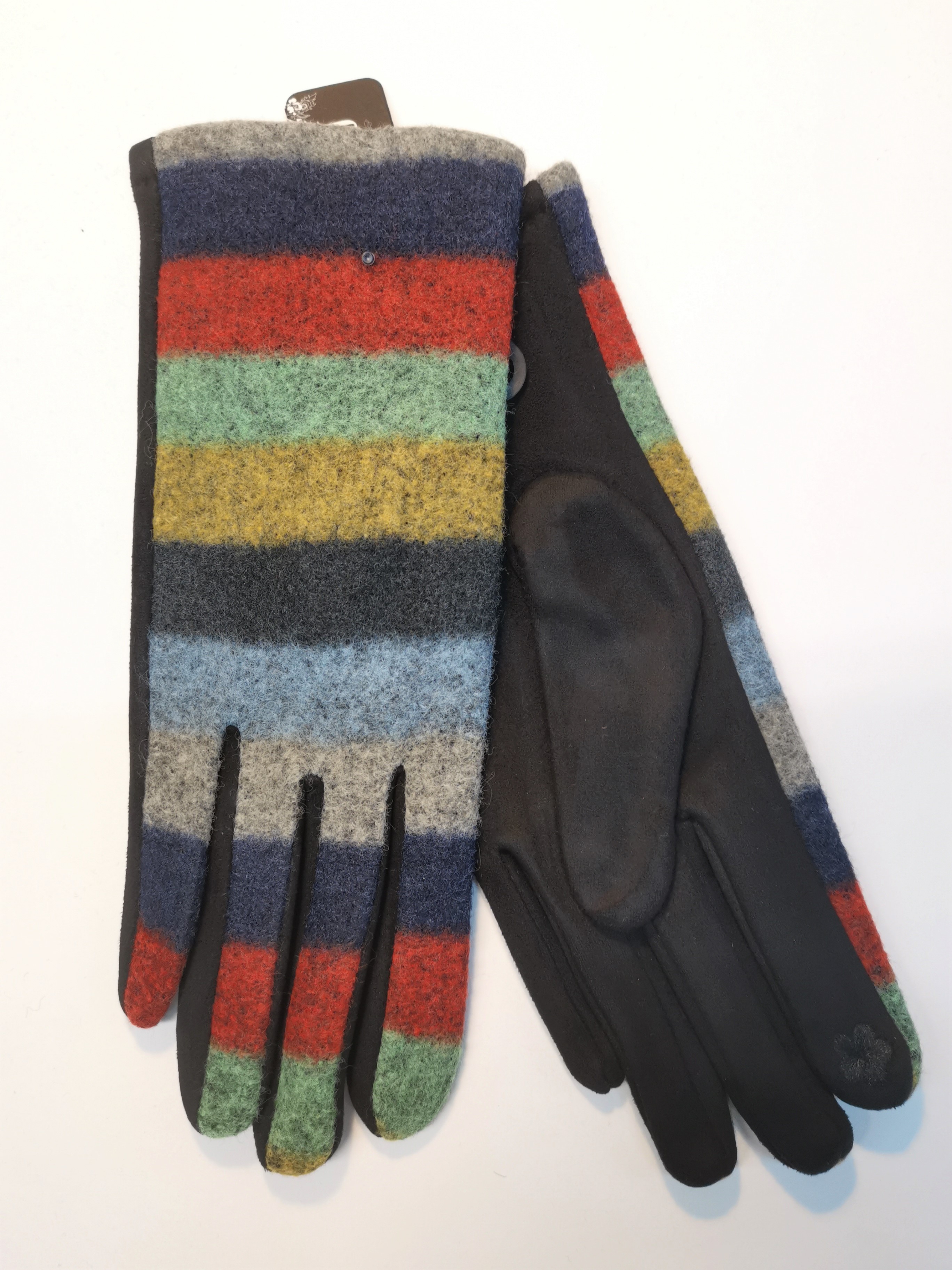 Manusi elegante negre cu lana in dungi multicolore si broderie index