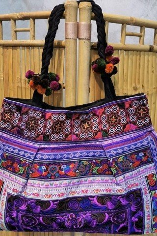 Geanta mov cu broderie Hmong multicolora