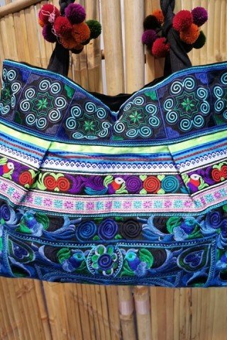 Geanta turcoaz cu broderie Hmong multicolora