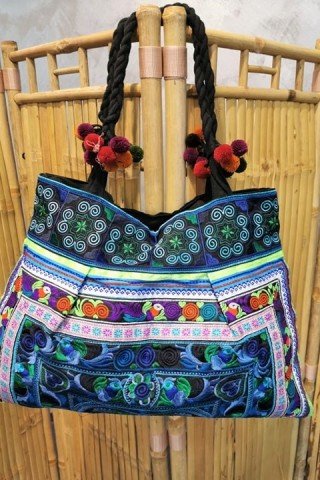 Geanta turcoaz cu broderie Hmong multicolora