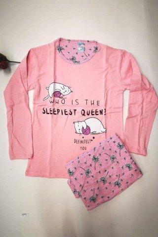 Pijama peach din bumbac cu imprimeu pisici somnoroase