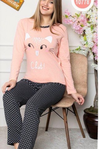 Pijama bumbac imprimeu pisica cu pantaloni gri cu buline