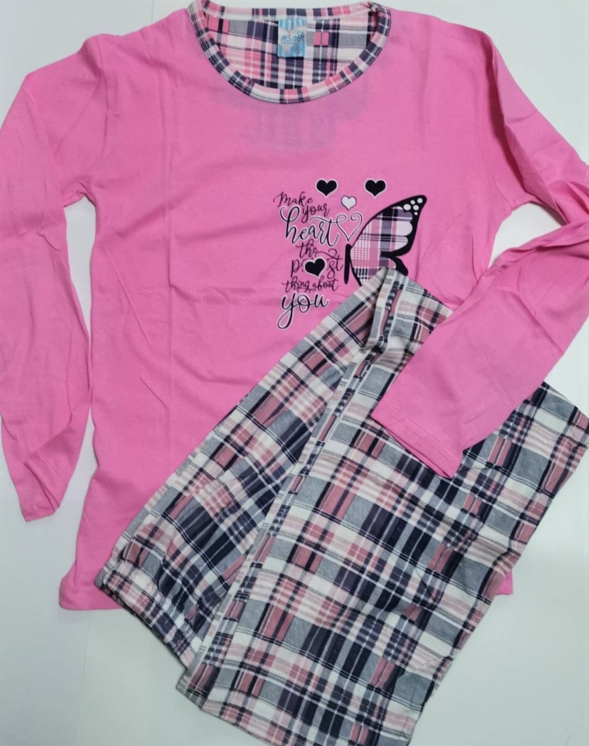 Pijama bumbac roz cu imprimeu fluturi si pantaloni carouri