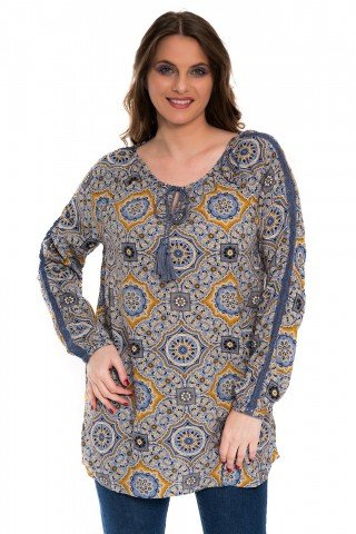 Bluza lunga albastru antracit cu imprimeu geometric