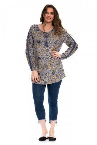 Bluza lunga albastru antracit cu imprimeu geometric