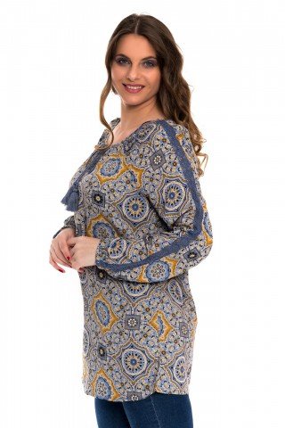 Bluza lunga albastru antracit cu imprimeu geometric